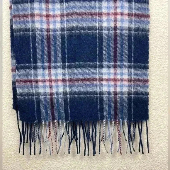 MONOPRIX Unisex One Size 100% Wool Fringe Scarf Blue Plaid Minimalist Essentials - Picture 12 of 13
